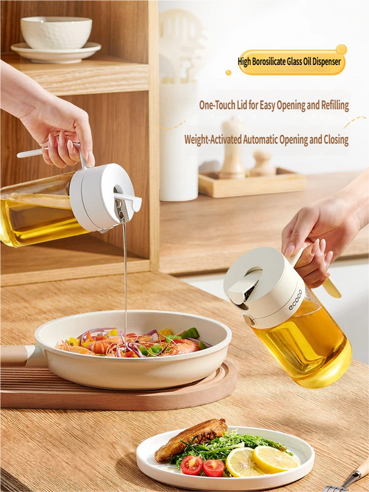 Automatic Gravity Flip Oil Dispenser: Leak-Proof Food-Grade Glass Bottle with No-Drip Spout for Olive Oil, Soy Sauce & Vinegar