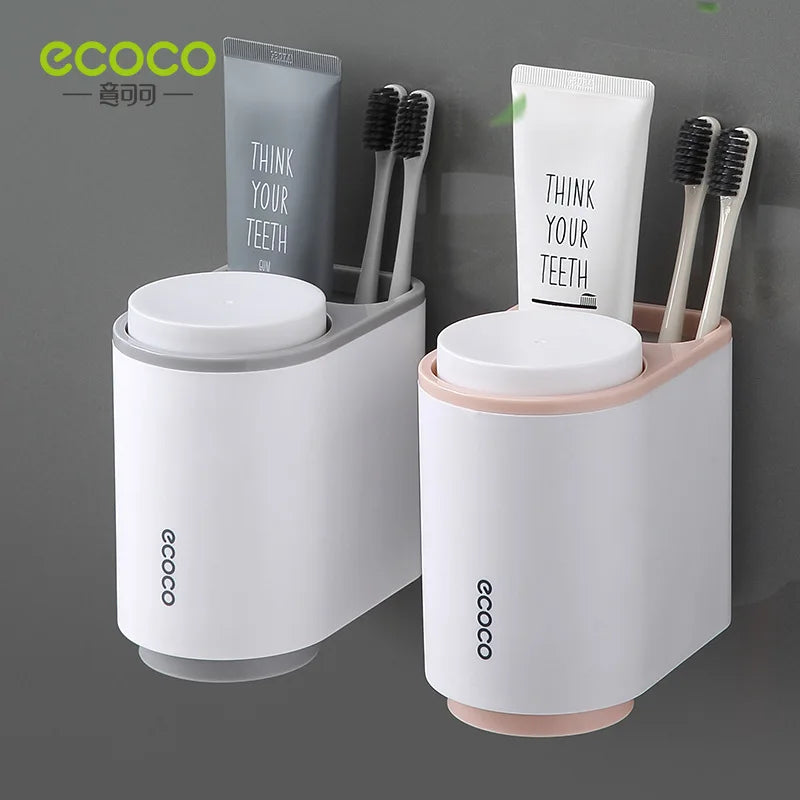 ECOCO Dust-proof Magnet Mouthwash Toothbrush Holder With Cups No Nail Wall Stand Shelf Bathroom Accessories Sets