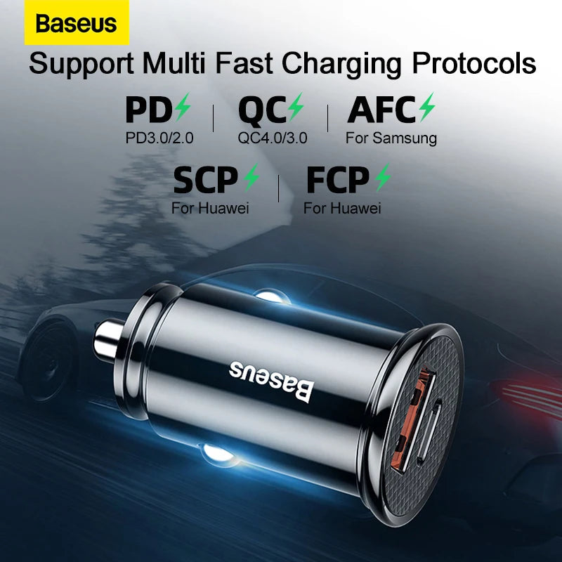 Baseus USB Car Charger Quick Charge QC 4.0 PD 3.0 5A Dual USB Type C Fast Charging Car Charger For iPhone Xiaomi POCO