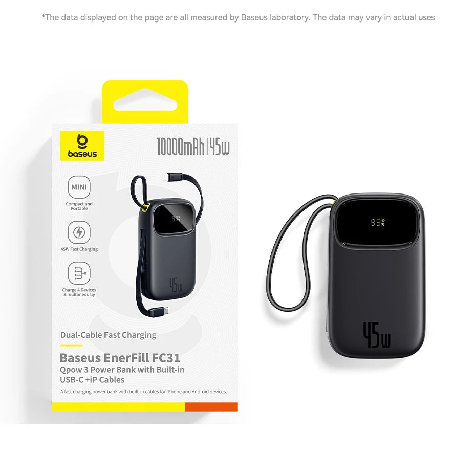 Baseus 45W 20000mAh Power Bank 10000mAh Built-In Retractable USB-C & Lightning Cable for iPhone 16 15 Samsung S25 Xiaomi Poco