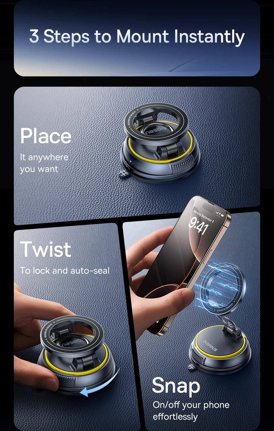 Baseus Magnetic Car Phone Holder Vacuum Suction Cup Stand 360° Rotation Мagnet Holder For iPhone Gym/Driving Vacuum Phone Stand