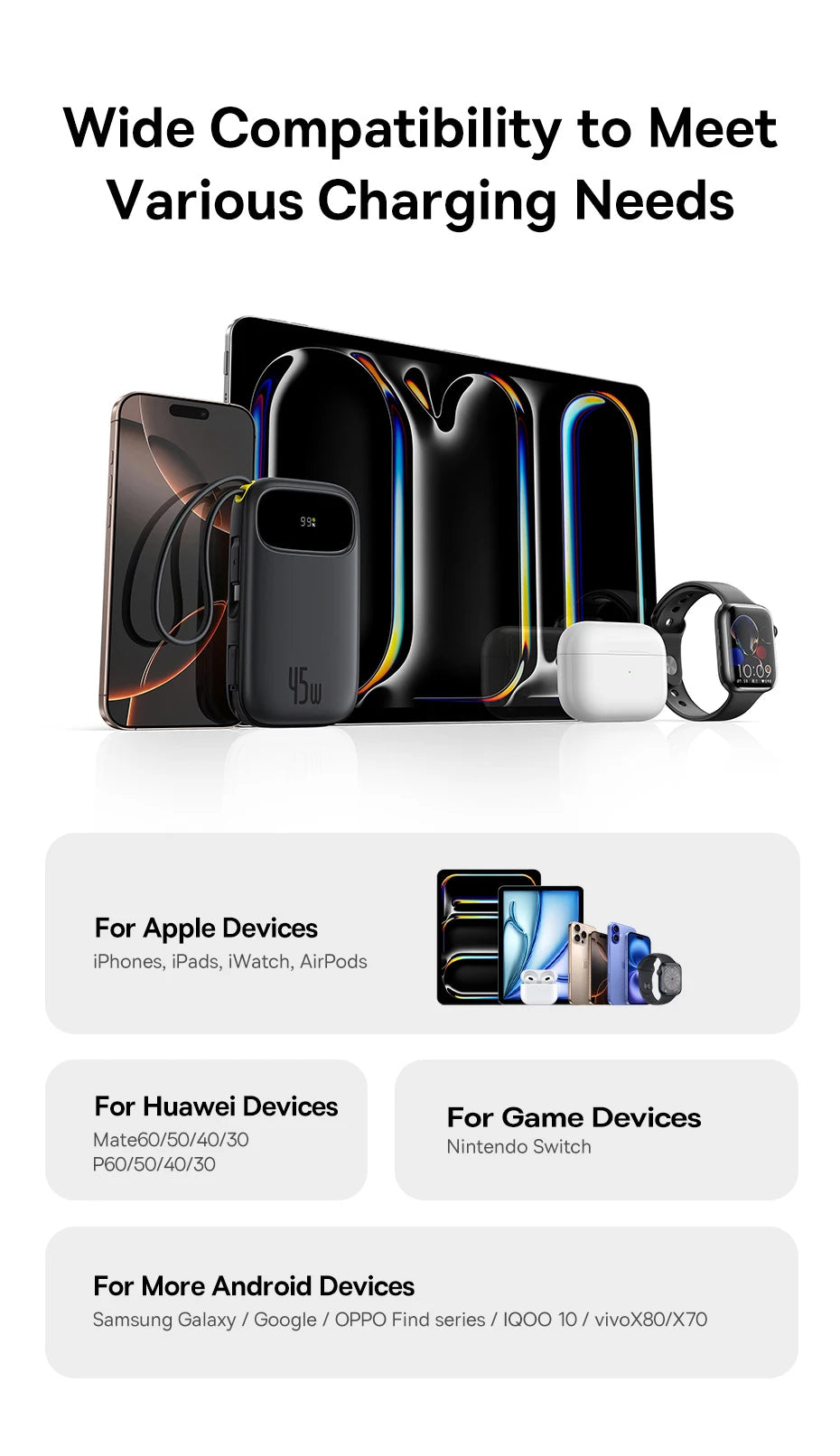 Baseus 45W 20000mAh Power Bank 10000mAh Built-In Retractable USB-C & Lightning Cable for iPhone 16 15 Samsung S25 Xiaomi Poco