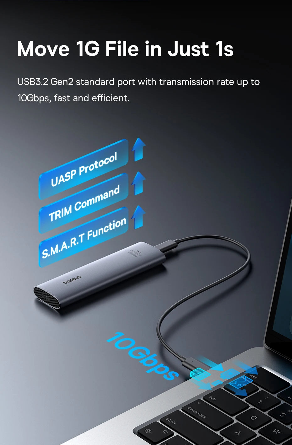 Baseus M2 SSD Enclosure Case 10Gbps NVMe Protocol M.2 to USB Type C 3.2 Gen2 8TB Metal External Adapter NVME SSD Case