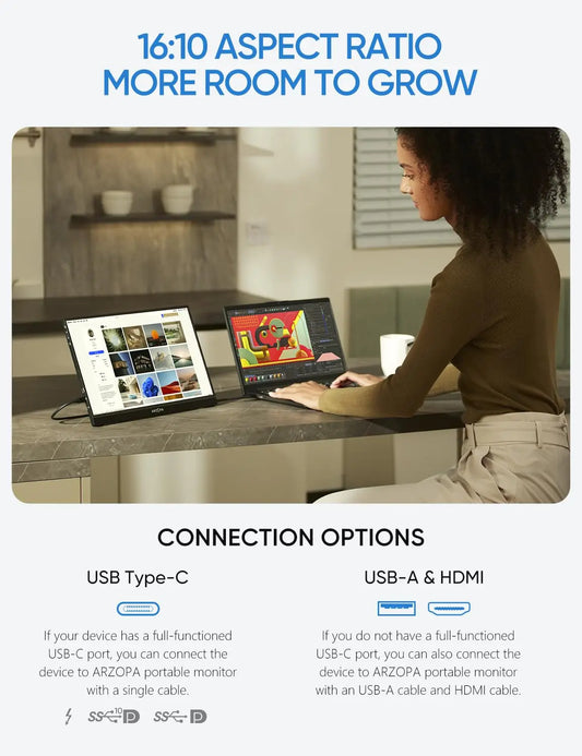 ARZOPA 16inch 2K Portable Monitor 16:10 IPS Screen with type-c mini hdmi Second Display for MAC/Laptop/PC/Xbox/PS4/5/Switch,Z1RC