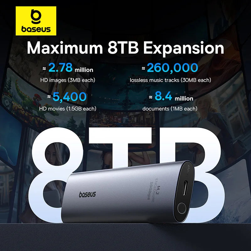 Baseus M2 SSD Enclosure Case 10Gbps NVMe Protocol M.2 to USB Type C 3.2 Gen2 8TB Metal External Adapter NVME SSD Case