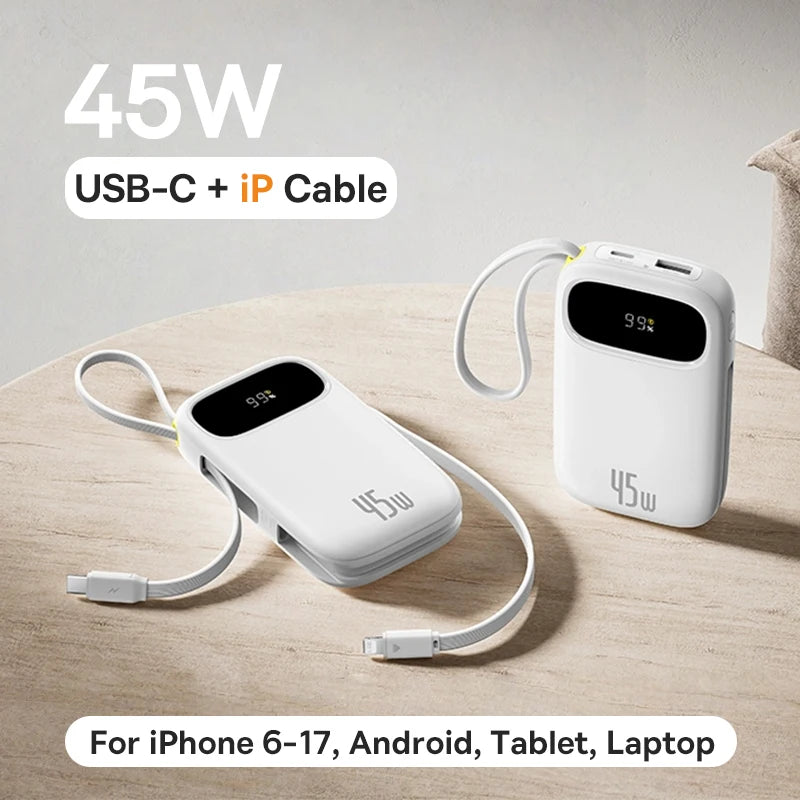 Baseus 45W 20000mAh Power Bank 10000mAh Built-In Retractable USB-C & Lightning Cable for iPhone 16 15 Samsung S25 Xiaomi Poco