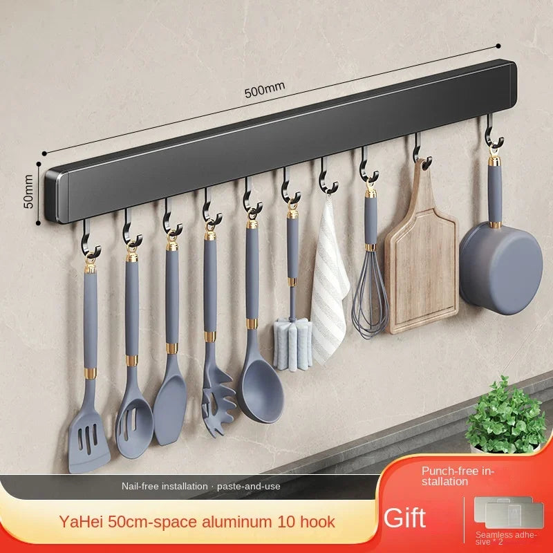 Muyiyu 50cm Wall Mounted Hooks Rack No Punching Storage Shelves With Movable Hook Holder Organizer Kitchen Utensil Accessories