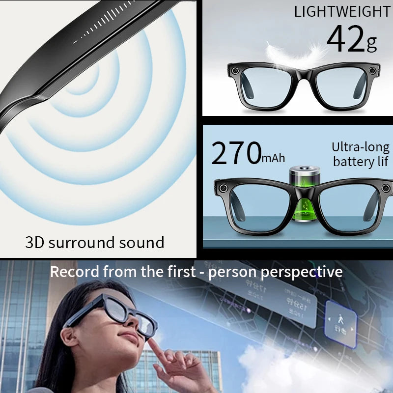 8 Million Pixels Smart Glasses Recording Videos AI Photo Recognition Answer Translation 270mAh IP65 Waterproof Bluetooth Glasses