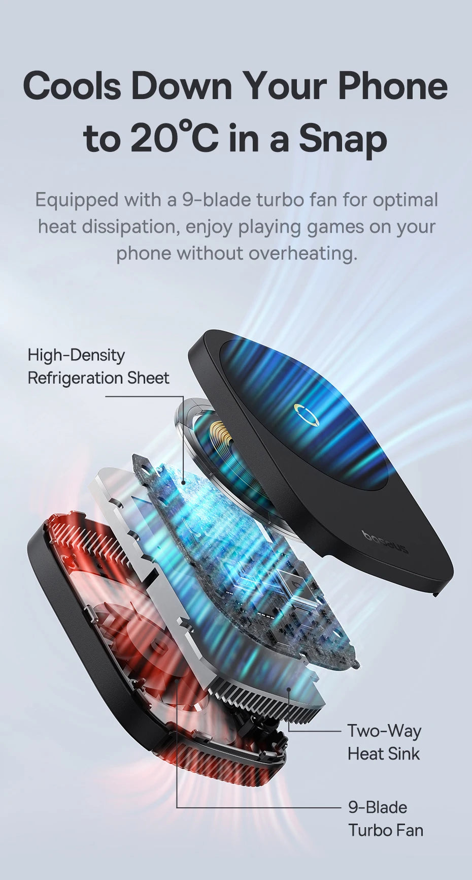 Baseus Phone Cooler Support Magnetic 15W Wireless Charging for iPhone 16 Pro Gaming Radiator with Mobile Phone Stand Cooling Fan