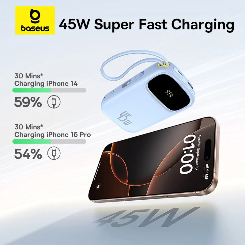 Baseus 45W 20000mAh Power Bank 10000mAh Built-In Retractable USB-C & Lightning Cable for iPhone 16 15 Samsung S25 Xiaomi Poco