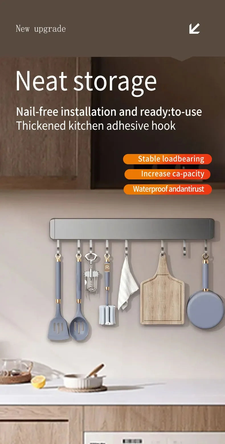 Muyiyu 50cm Wall Mounted Hooks Rack No Punching Storage Shelves With Movable Hook Holder Organizer Kitchen Utensil Accessories