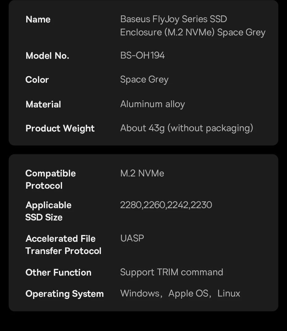 Baseus M2 SSD Enclosure Case 10Gbps NVMe Protocol M.2 to USB Type C 3.2 Gen2 8TB Metal External Adapter NVME SSD Case