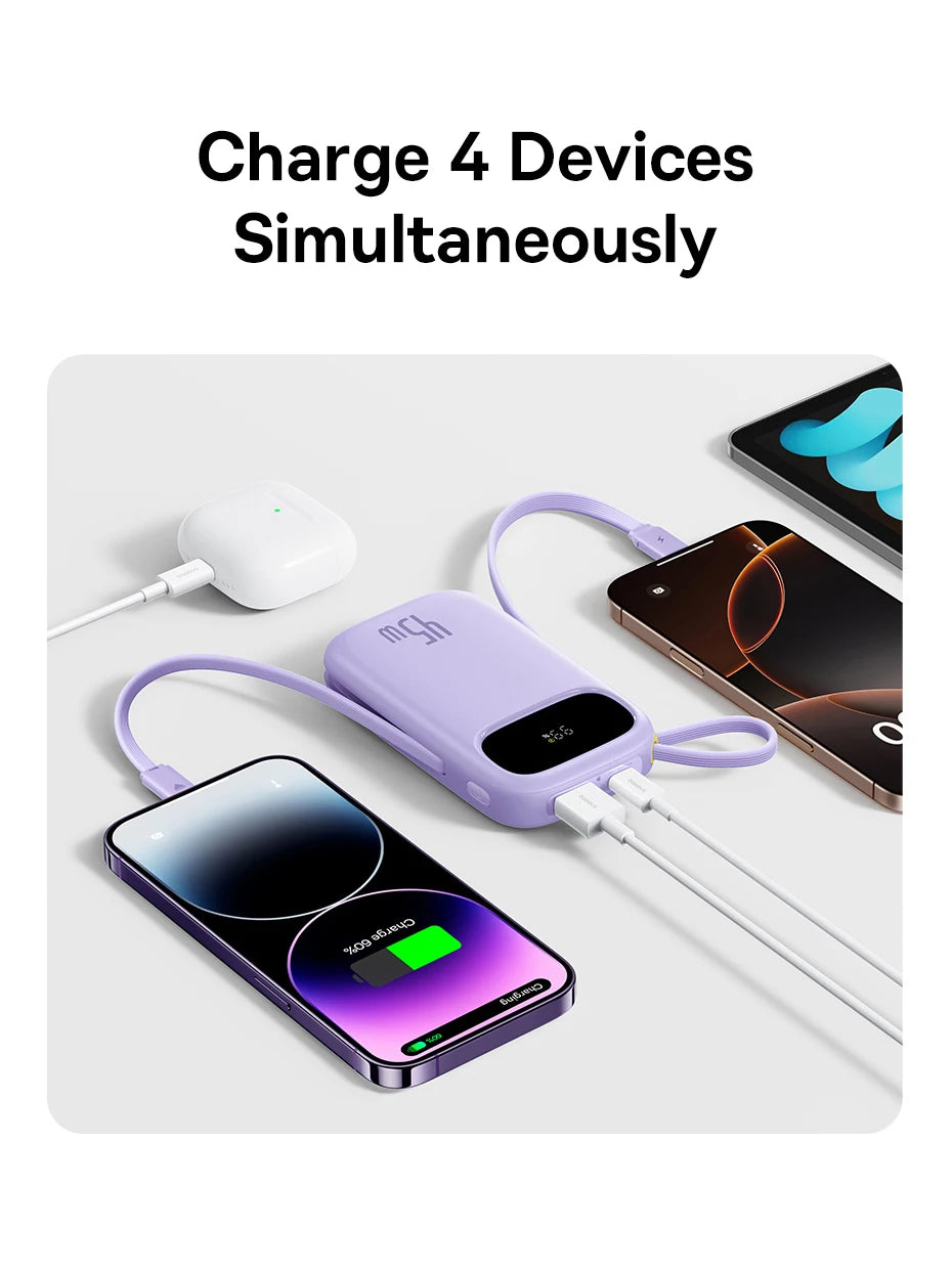 Baseus 45W 20000mAh Power Bank 10000mAh Built-In Retractable USB-C & Lightning Cable for iPhone 16 15 Samsung S25 Xiaomi Poco