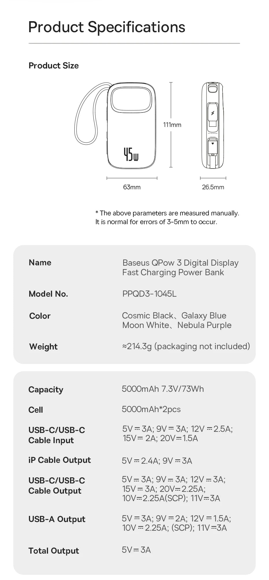 Baseus 45W 20000mAh Power Bank 10000mAh Built-In Retractable USB-C & Lightning Cable for iPhone 16 15 Samsung S25 Xiaomi Poco