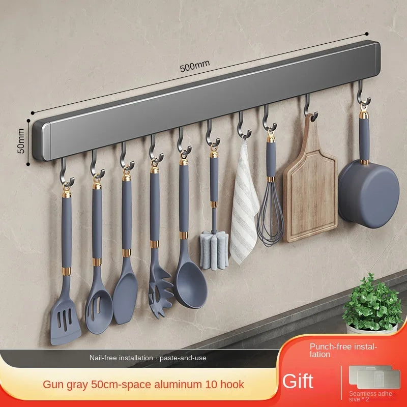 Muyiyu 50cm Wall Mounted Hooks Rack No Punching Storage Shelves With Movable Hook Holder Organizer Kitchen Utensil Accessories