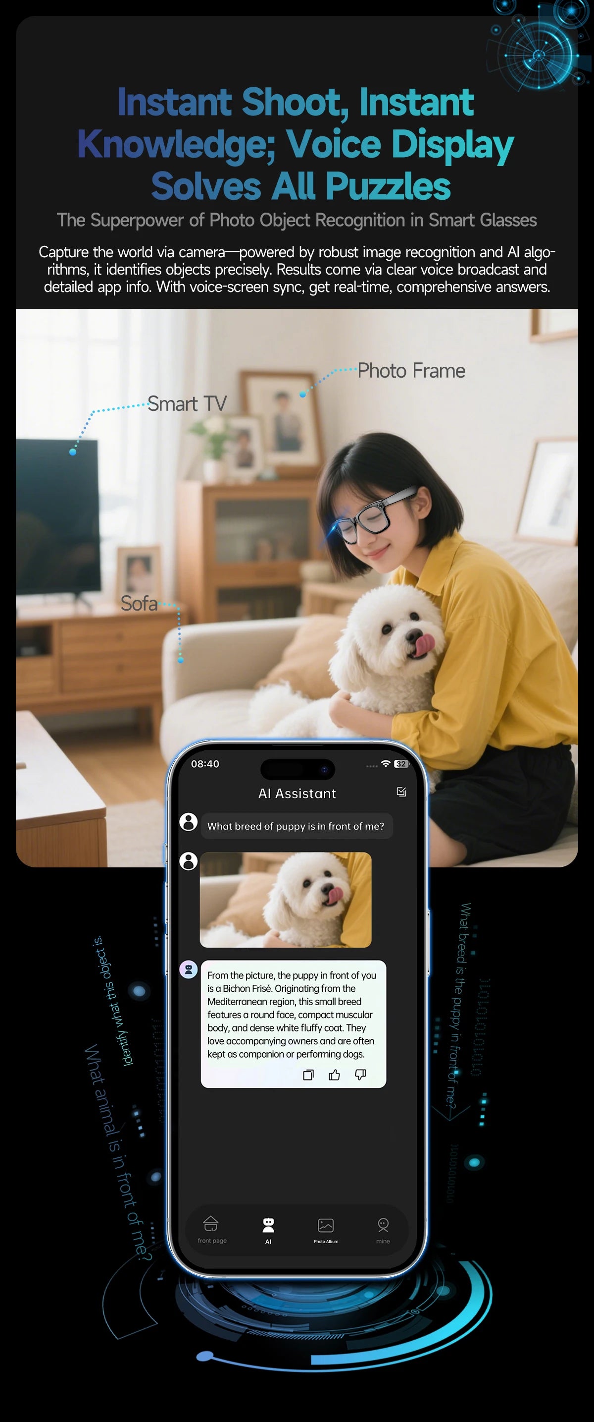 8 Million Pixels Smart Glasses Recording Videos AI Photo Recognition Answer Translation 270mAh IP65 Waterproof Bluetooth Glasses