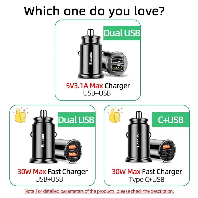 Baseus USB Car Charger Quick Charge QC 4.0 PD 3.0 5A Dual USB Type C Fast Charging Car Charger For iPhone Xiaomi POCO