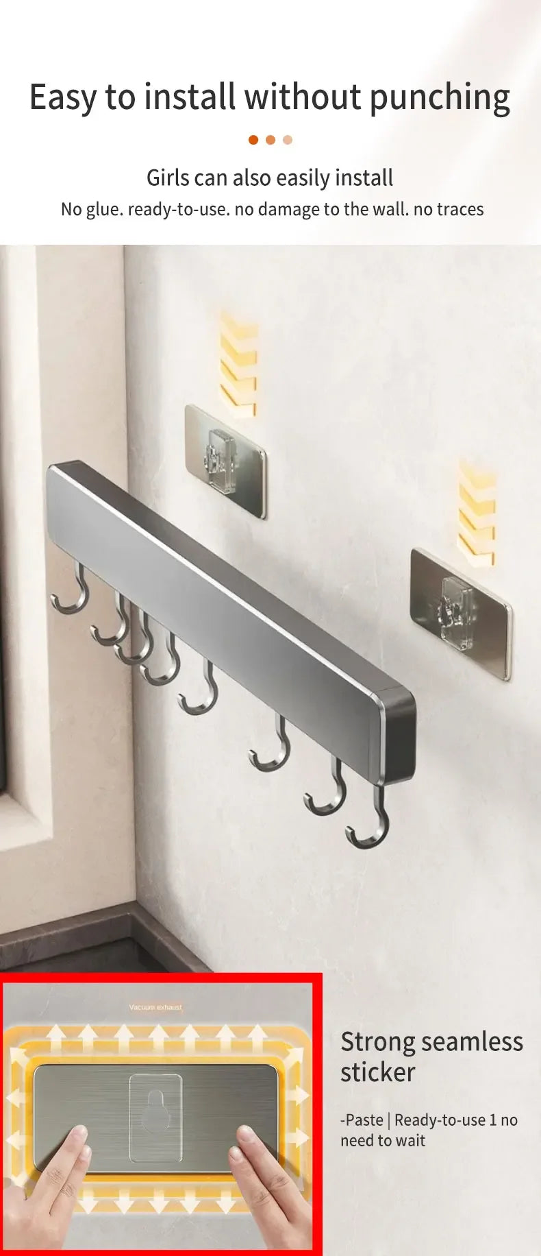 Muyiyu 50cm Wall Mounted Hooks Rack No Punching Storage Shelves With Movable Hook Holder Organizer Kitchen Utensil Accessories