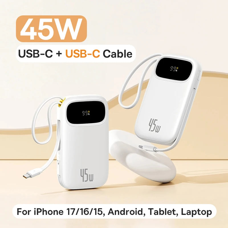 Baseus 45W 20000mAh Power Bank 10000mAh Built-In Retractable USB-C & Lightning Cable for iPhone 16 15 Samsung S25 Xiaomi Poco