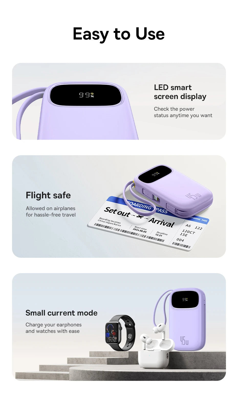 Baseus 45W 20000mAh Power Bank 10000mAh Built-In Retractable USB-C & Lightning Cable for iPhone 16 15 Samsung S25 Xiaomi Poco
