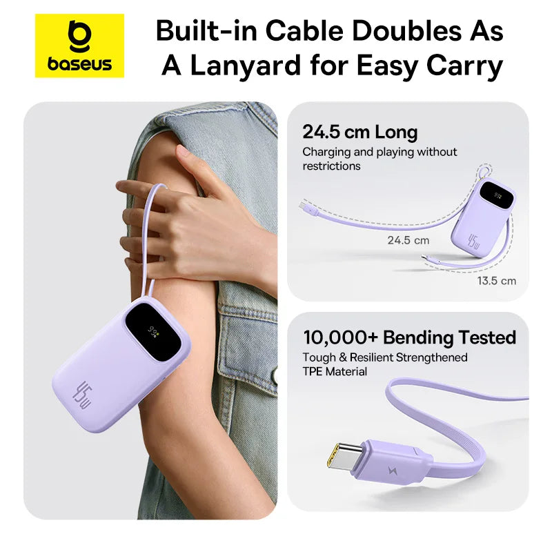 Baseus 45W 20000mAh Power Bank 10000mAh Built-In Retractable USB-C & Lightning Cable for iPhone 16 15 Samsung S25 Xiaomi Poco