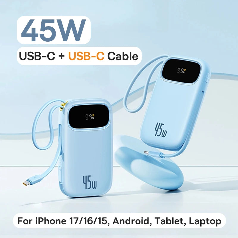 Baseus 45W 20000mAh Power Bank 10000mAh Built-In Retractable USB-C & Lightning Cable for iPhone 16 15 Samsung S25 Xiaomi Poco