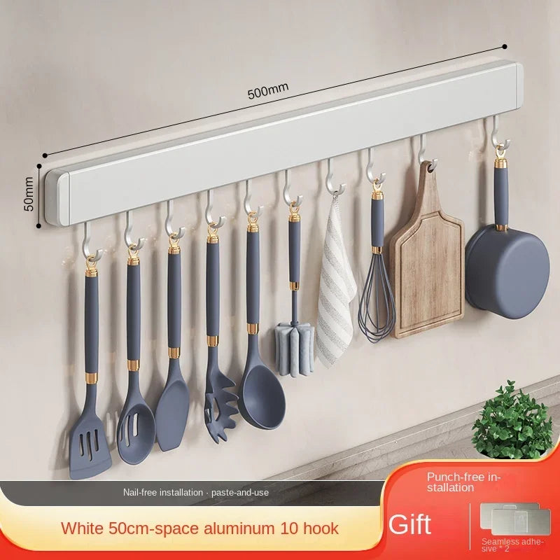 Muyiyu 50cm Wall Mounted Hooks Rack No Punching Storage Shelves With Movable Hook Holder Organizer Kitchen Utensil Accessories