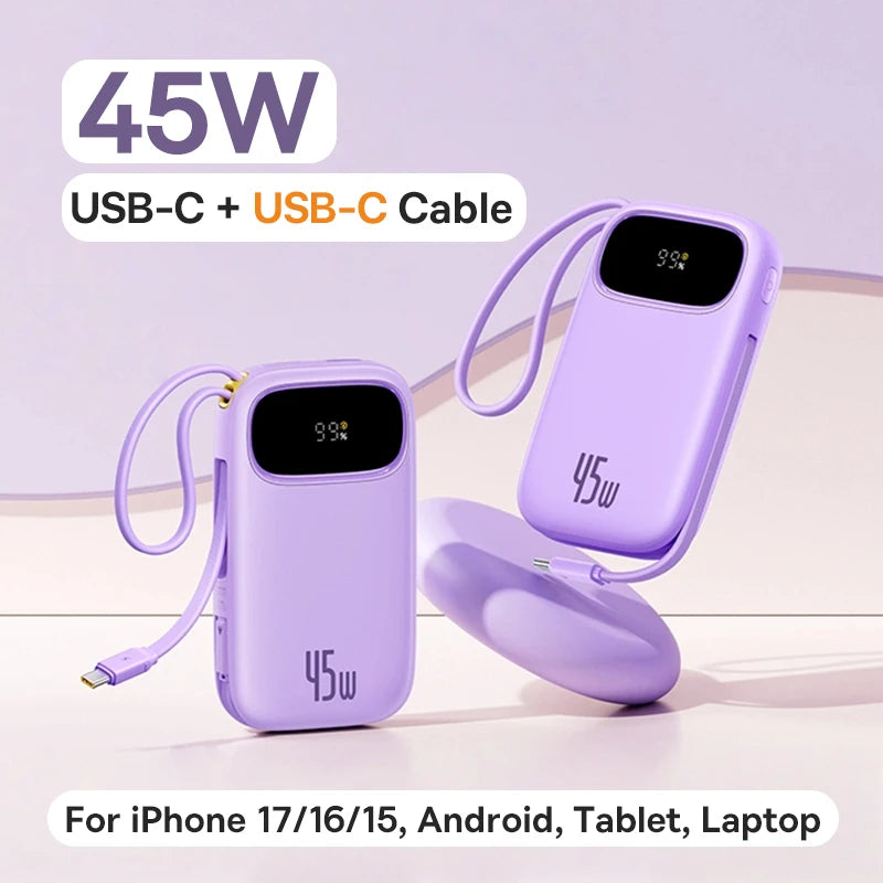 Baseus 45W 20000mAh Power Bank 10000mAh Built-In Retractable USB-C & Lightning Cable for iPhone 16 15 Samsung S25 Xiaomi Poco