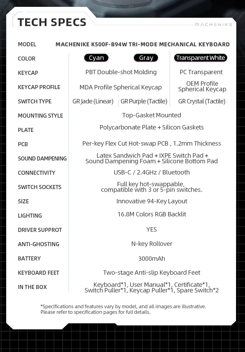 Machenike K500F-B94W Wireless Mechanical Keyboard 94Keys Hot-Swap Top-Gasket Mount 2.4G Bluetooth Gaming Keyboard For Gamers