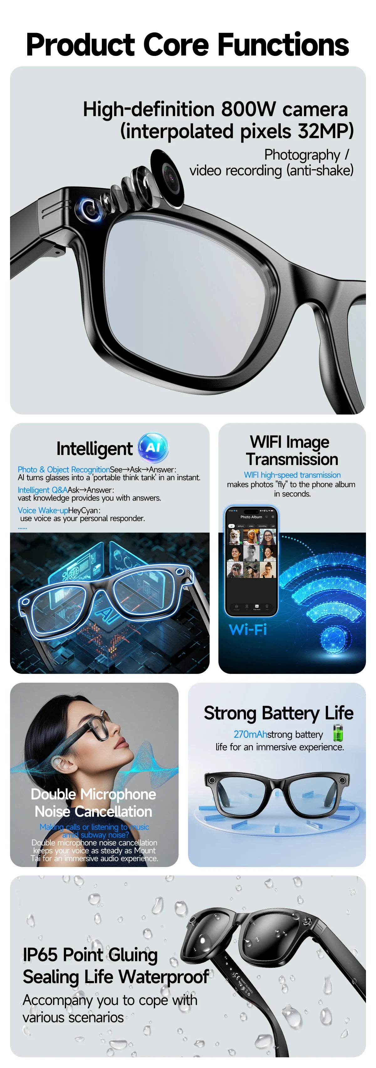 8 Million Pixels Smart Glasses Recording Videos AI Photo Recognition Answer Translation 270mAh IP65 Waterproof Bluetooth Glasses