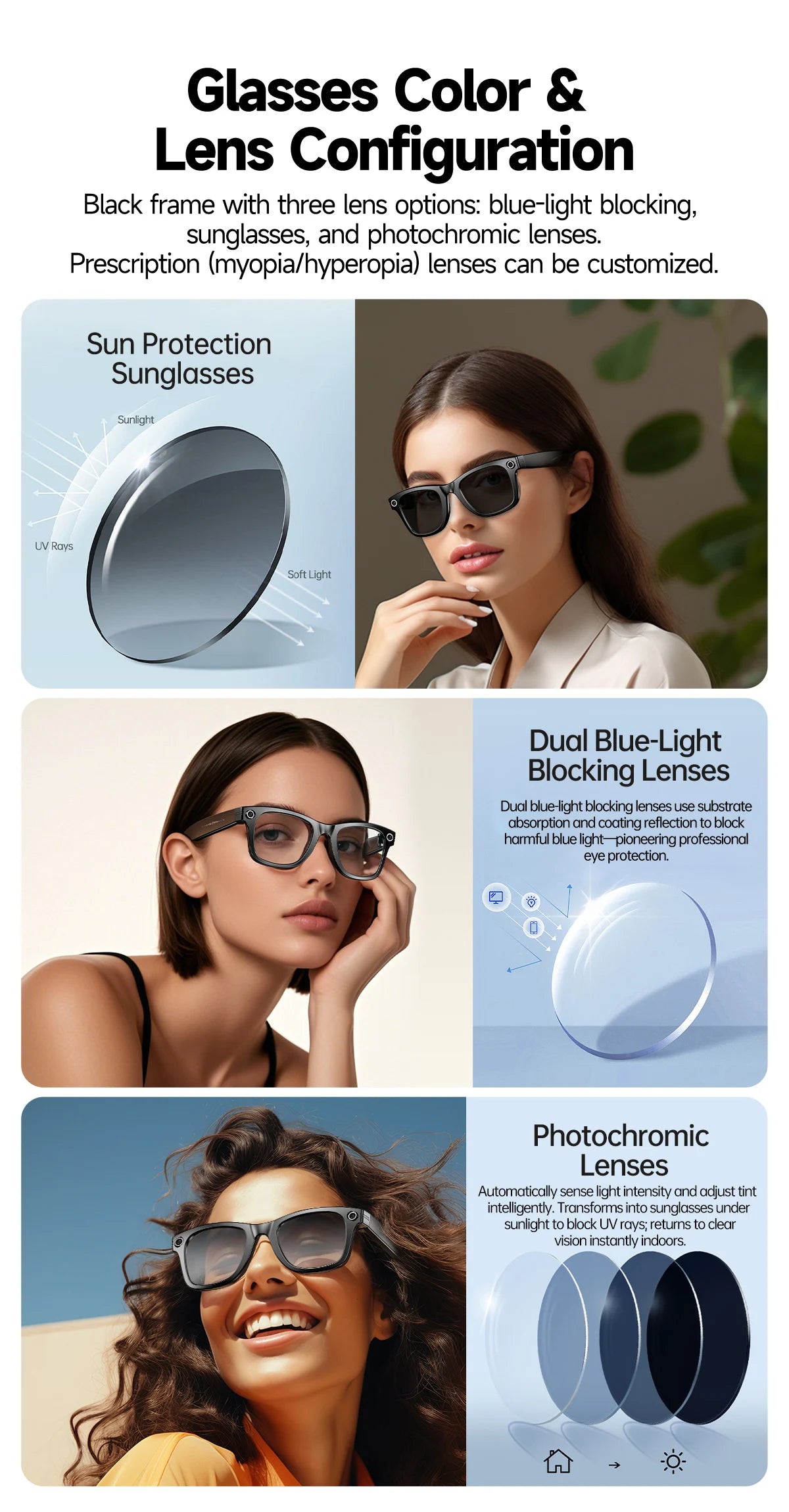 8 Million Pixels Smart Glasses Recording Videos AI Photo Recognition Answer Translation 270mAh IP65 Waterproof Bluetooth Glasses