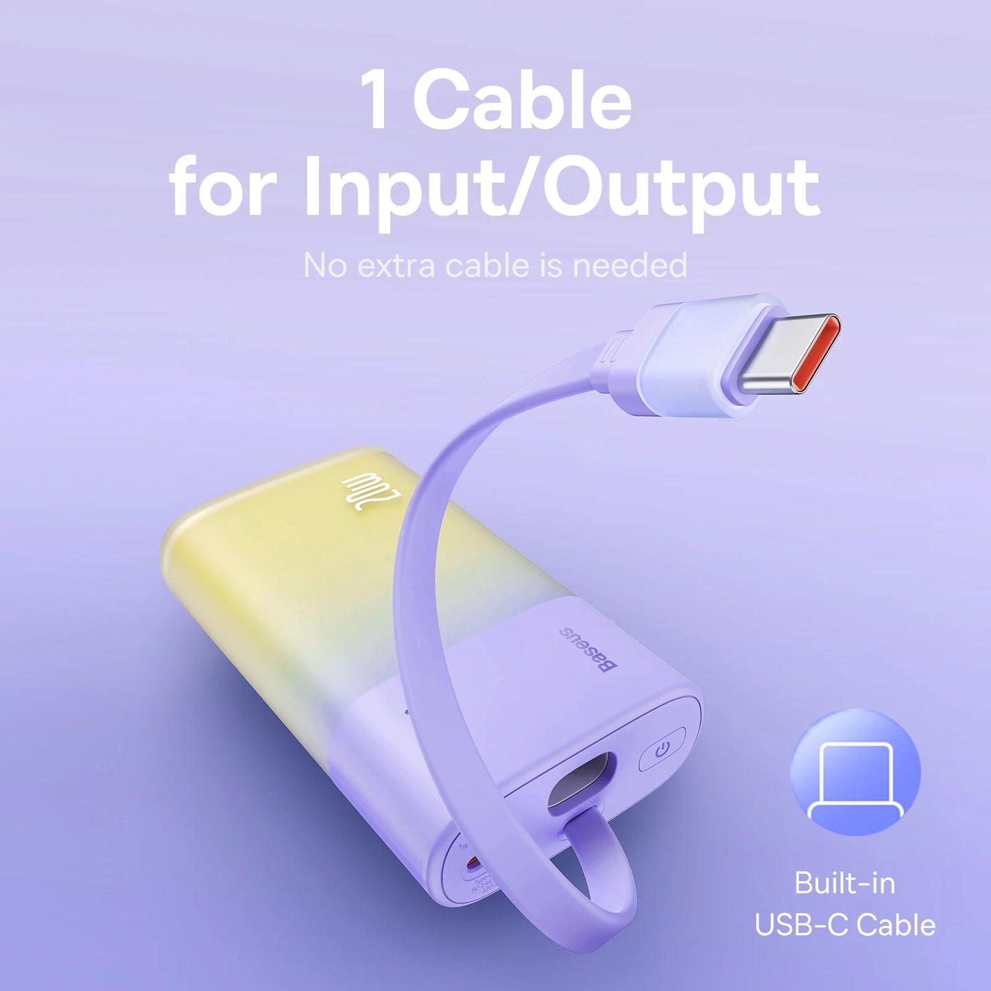 Baseus Portable 20W Power Bank 5200mAh PD Fast Charging Powerbank Battery Charger, Built-in Cable For iPhone