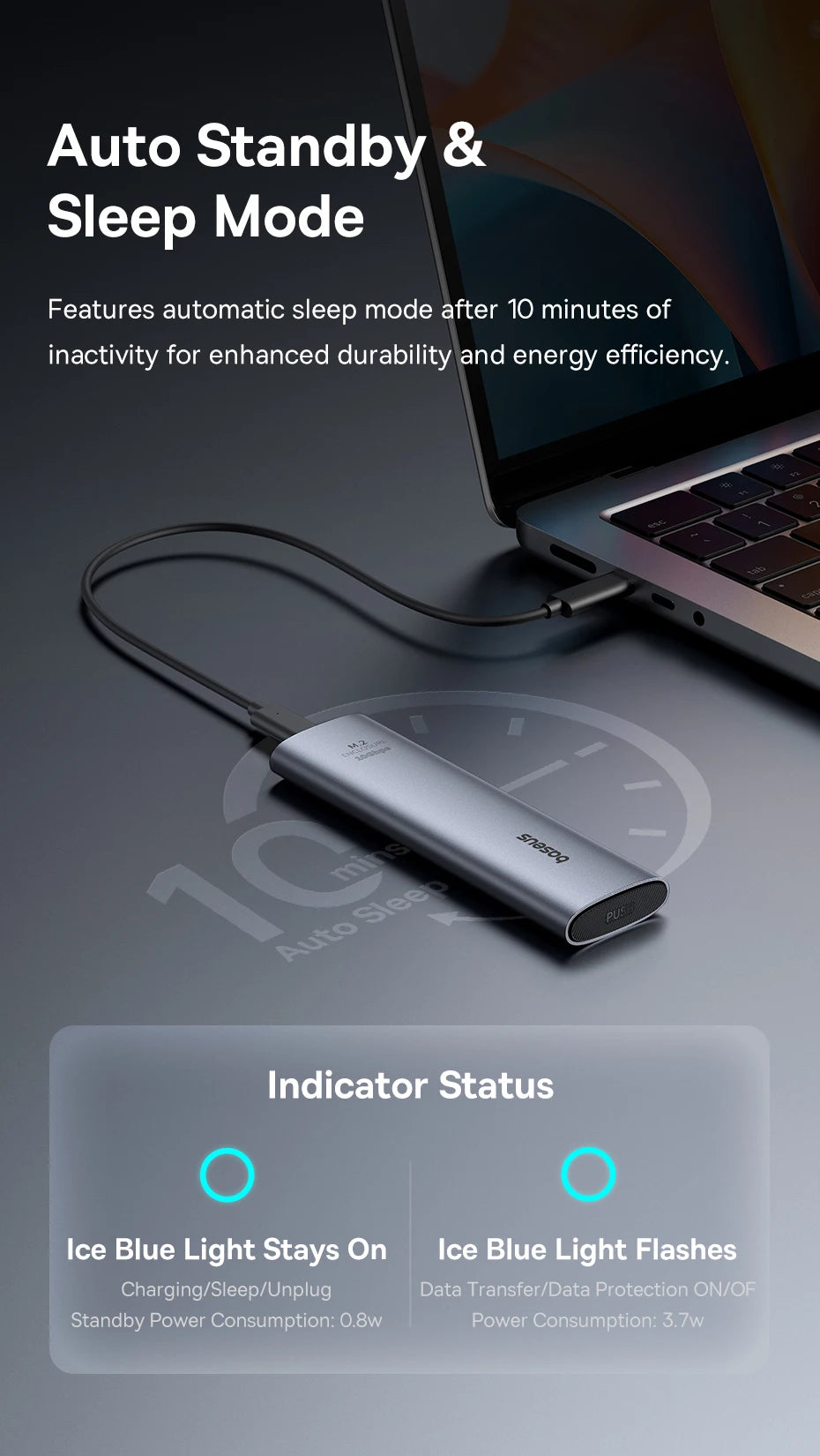 Baseus M2 SSD Enclosure Case 10Gbps NVMe Protocol M.2 to USB Type C 3.2 Gen2 8TB Metal External Adapter NVME SSD Case