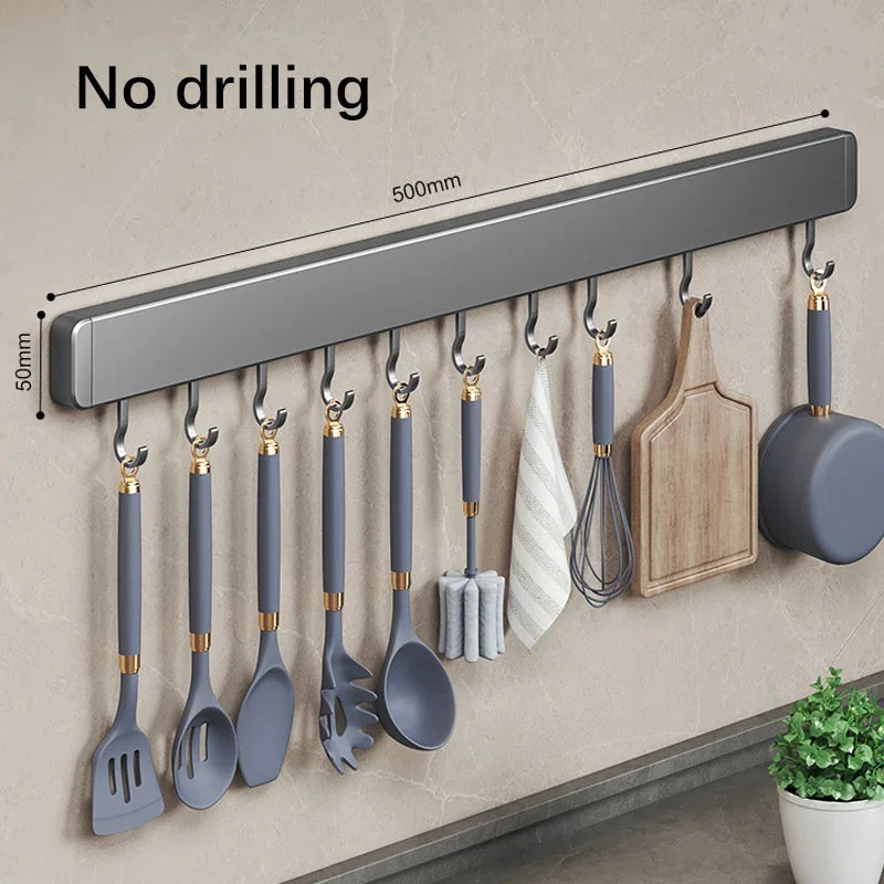 Muyiyu 50cm Wall Mounted Hooks Rack No Punching Storage Shelves With Movable Hook Holder Organizer Kitchen Utensil Accessories