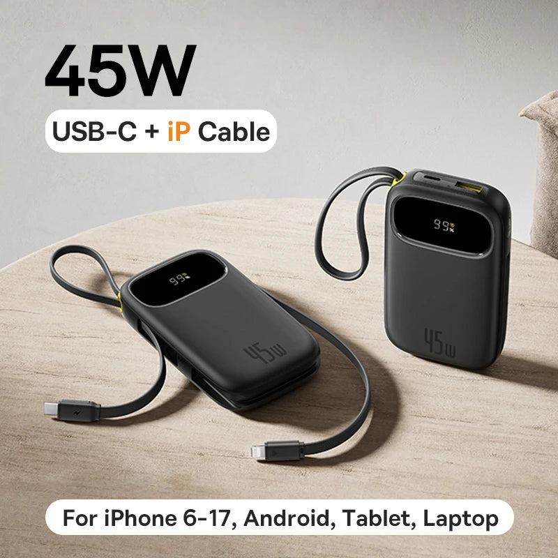 Baseus 45W 20000mAh Power Bank 10000mAh Built-In Retractable USB-C & Lightning Cable for iPhone 16 15 Samsung S25 Xiaomi Poco
