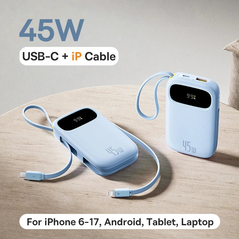 Baseus 45W 20000mAh Power Bank 10000mAh Built-In Retractable USB-C & Lightning Cable for iPhone 16 15 Samsung S25 Xiaomi Poco