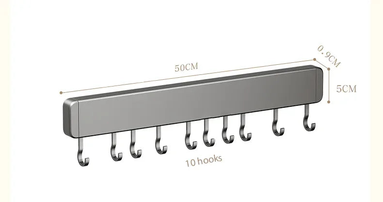 Muyiyu 50cm Wall Mounted Hooks Rack No Punching Storage Shelves With Movable Hook Holder Organizer Kitchen Utensil Accessories