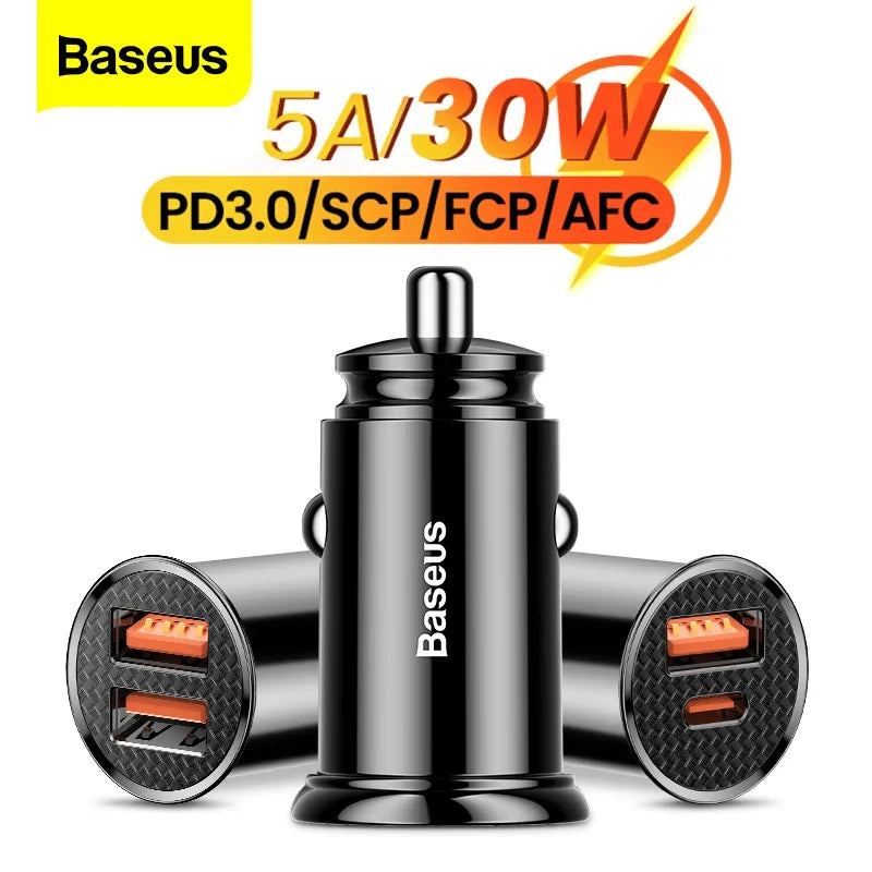 Baseus USB Car Charger Quick Charge QC 4.0 PD 3.0 5A Dual USB Type C Fast Charging Car Charger For iPhone Xiaomi POCO