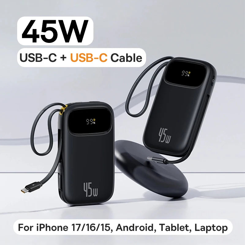 Baseus 45W 20000mAh Power Bank 10000mAh Built-In Retractable USB-C & Lightning Cable for iPhone 16 15 Samsung S25 Xiaomi Poco