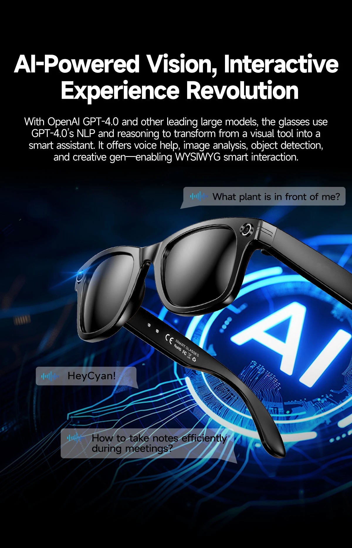 8 Million Pixels Smart Glasses Recording Videos AI Photo Recognition Answer Translation 270mAh IP65 Waterproof Bluetooth Glasses