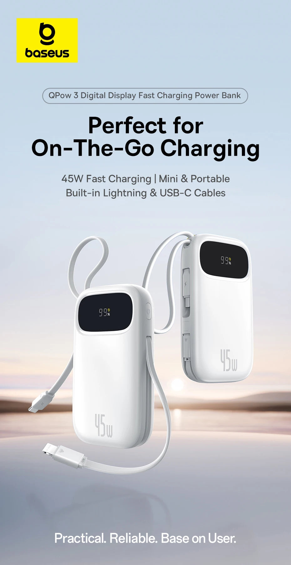 Baseus 45W 20000mAh Power Bank 10000mAh Built-In Retractable USB-C & Lightning Cable for iPhone 16 15 Samsung S25 Xiaomi Poco