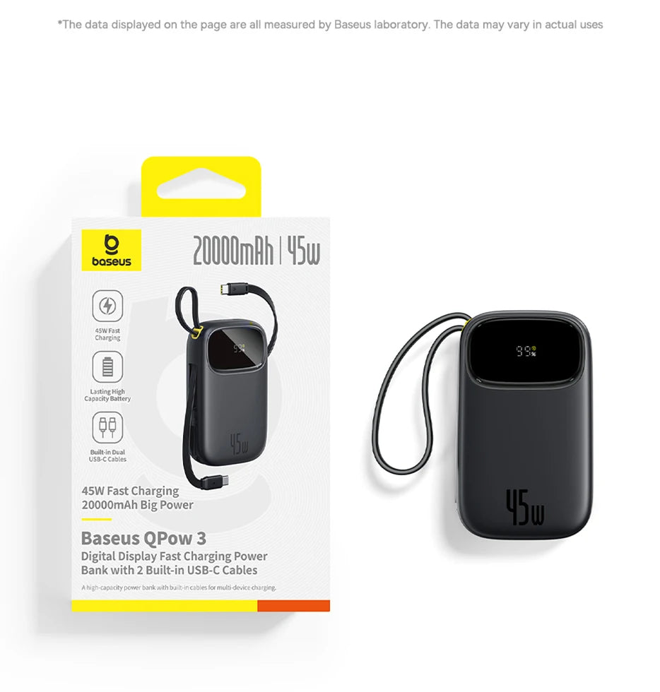 Baseus 45W 20000mAh Power Bank 10000mAh Built-In Retractable USB-C & Lightning Cable for iPhone 16 15 Samsung S25 Xiaomi Poco