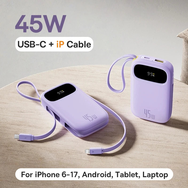 Baseus 45W 20000mAh Power Bank 10000mAh Built-In Retractable USB-C & Lightning Cable for iPhone 16 15 Samsung S25 Xiaomi Poco