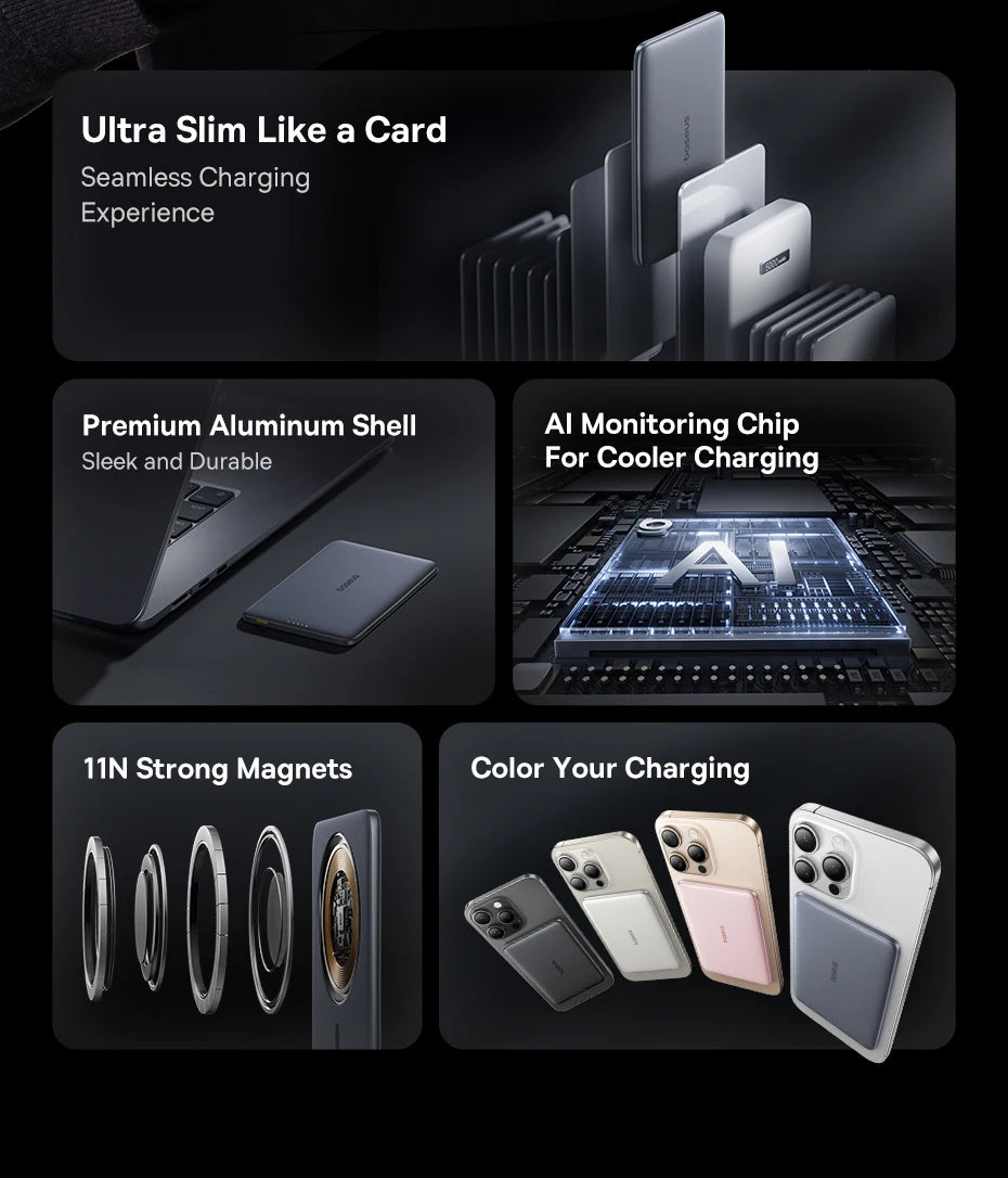 Baseus 5000mAh Magnetic Power Bank 15W Wireless 20W Wired Charging Thin Card-Sized Slim Portable Powerbank for iPhone Samsung