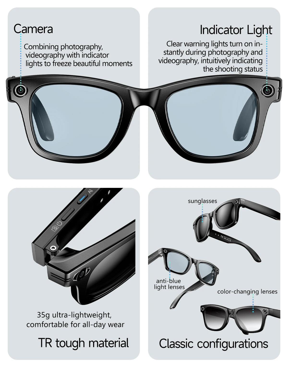 8 Million Pixels Smart Glasses Recording Videos AI Photo Recognition Answer Translation 270mAh IP65 Waterproof Bluetooth Glasses