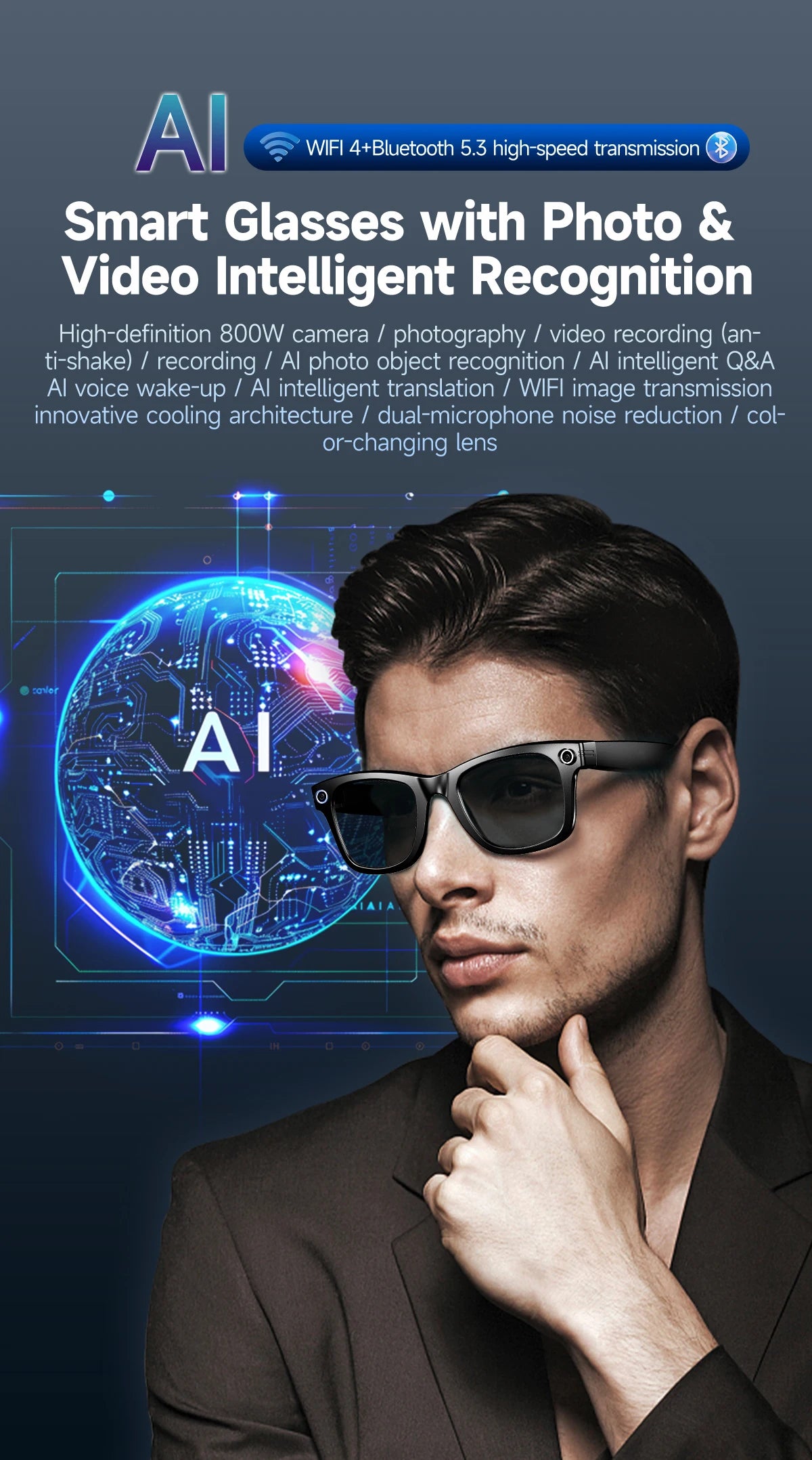 8 Million Pixels Smart Glasses Recording Videos AI Photo Recognition Answer Translation 270mAh IP65 Waterproof Bluetooth Glasses