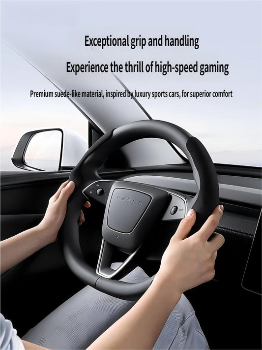 Ultra-Slim Carbon Fiber & Alcantara Steering Wheel Cover for Tesla Model 3 (Highland) & Model Y: Non-Slip, Sweat-Proof & Custom Fit Interior Upgrade