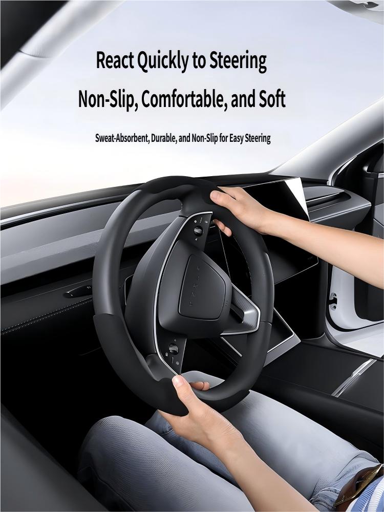 Ultra-Slim Carbon Fiber & Alcantara Steering Wheel Cover for Tesla Model 3 (Highland) & Model Y: Non-Slip, Sweat-Proof & Custom Fit Interior Upgrade