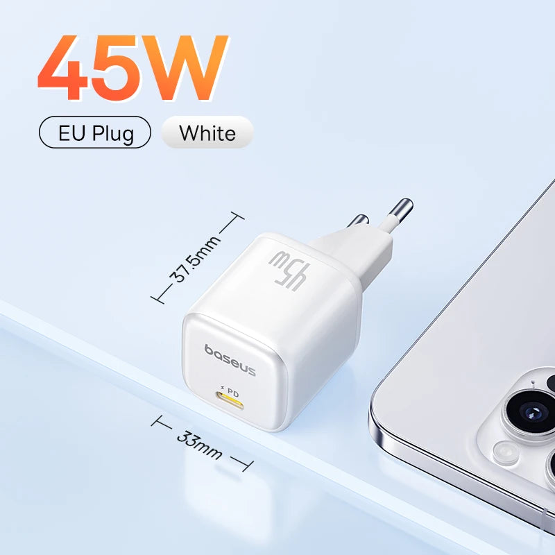 Baseus 45W PD Charger For iPhone 17 16 15 Pro Max Samsung Galaxy Fast Charger GaN Charger USB C Charger Portable Phone Charger