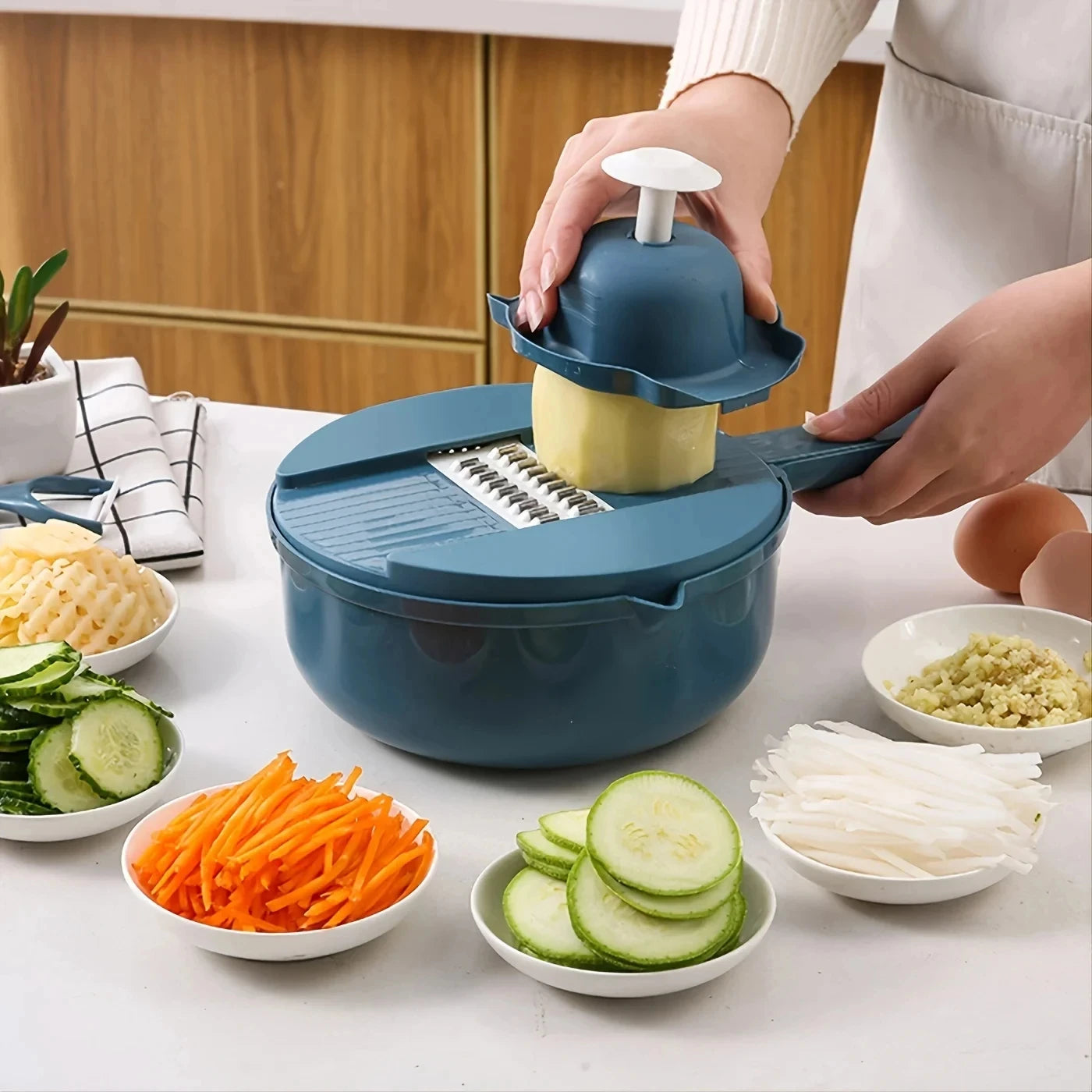 9-in-1 Multifunctional Vegetable Cutter with Drain Basket: Professional Mandoline Slicer, Grater & Shredder for Kitchen Meal Prep